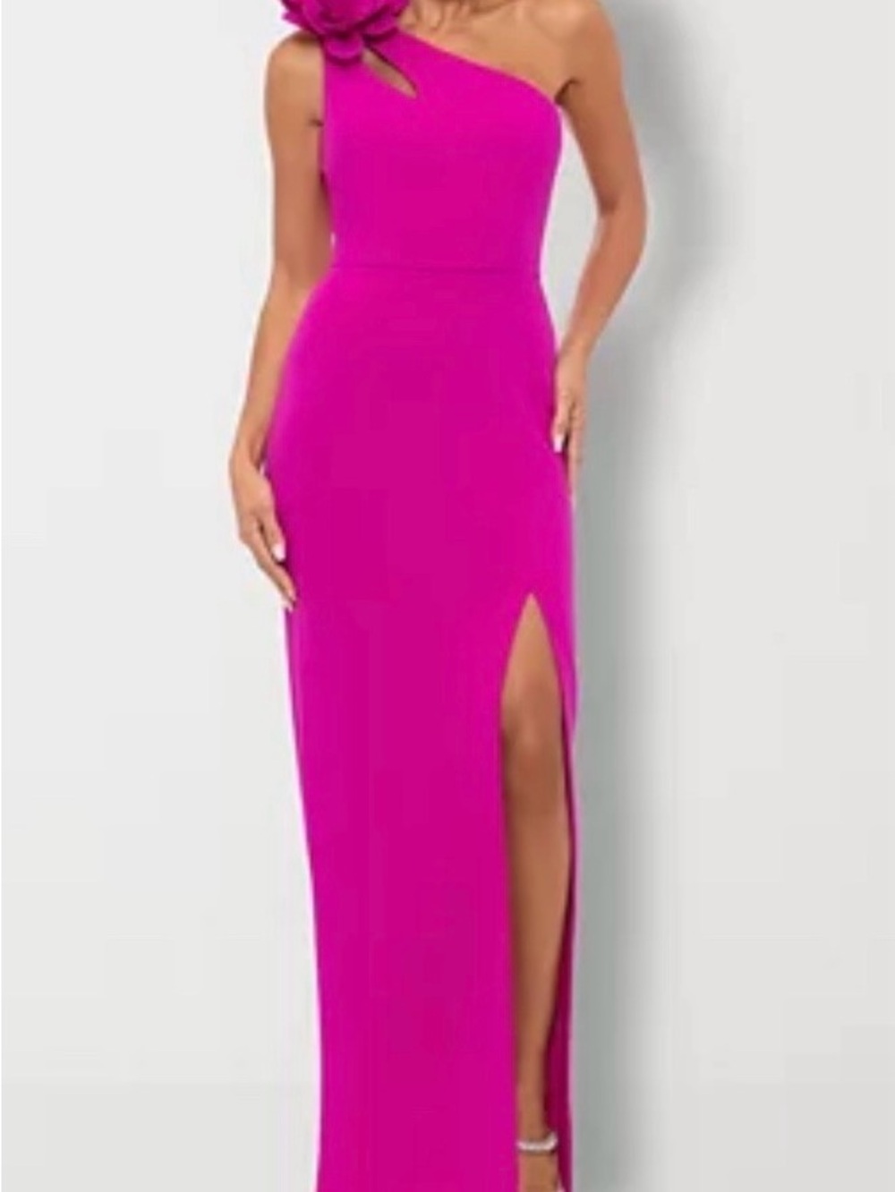 One-Shoulder Fuchsia Evening Dress with Floral Shoulder Detail